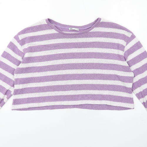 Zara Womens Purple Round Neck Striped Acrylic Pullover Jumper Size L