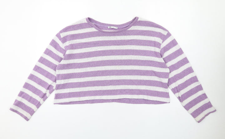 Zara Womens Purple Round Neck Striped Acrylic Pullover Jumper Size L