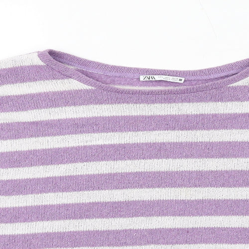 Zara Womens Purple Round Neck Striped Acrylic Pullover Jumper Size L