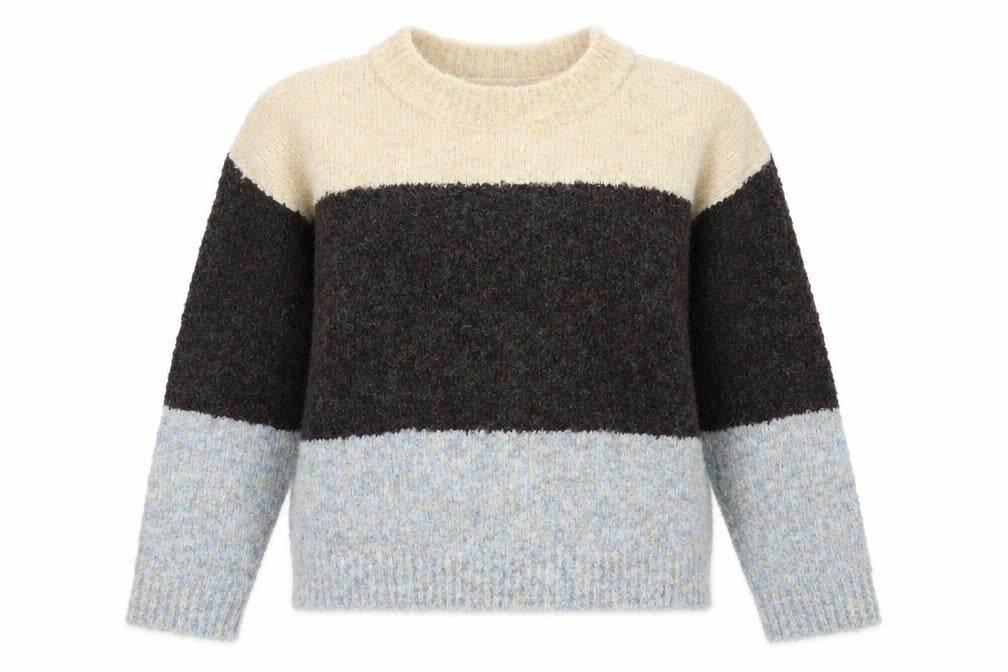 Front view of Natura women’s multicoloured crew neck striped polyester jumper, size M