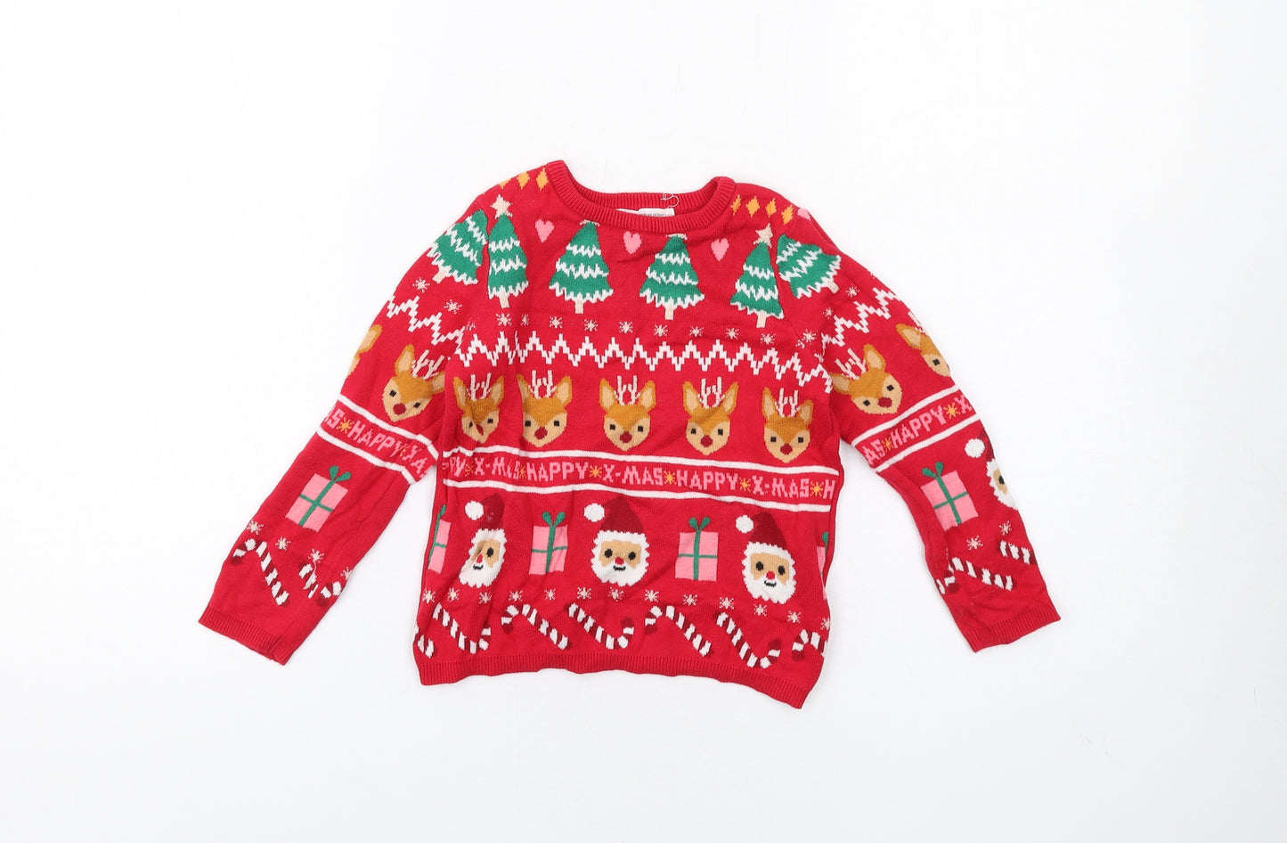 H&M Girls Red Round Neck Geometric Cotton Pullover Jumper Size 3-4 Years Pullover - Christmas Jumper