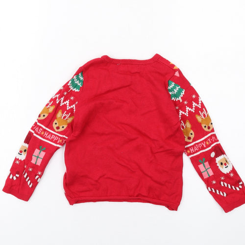 H&M Girls Red Round Neck Geometric Cotton Pullover Jumper Size 3-4 Years Pullover - Christmas Jumper