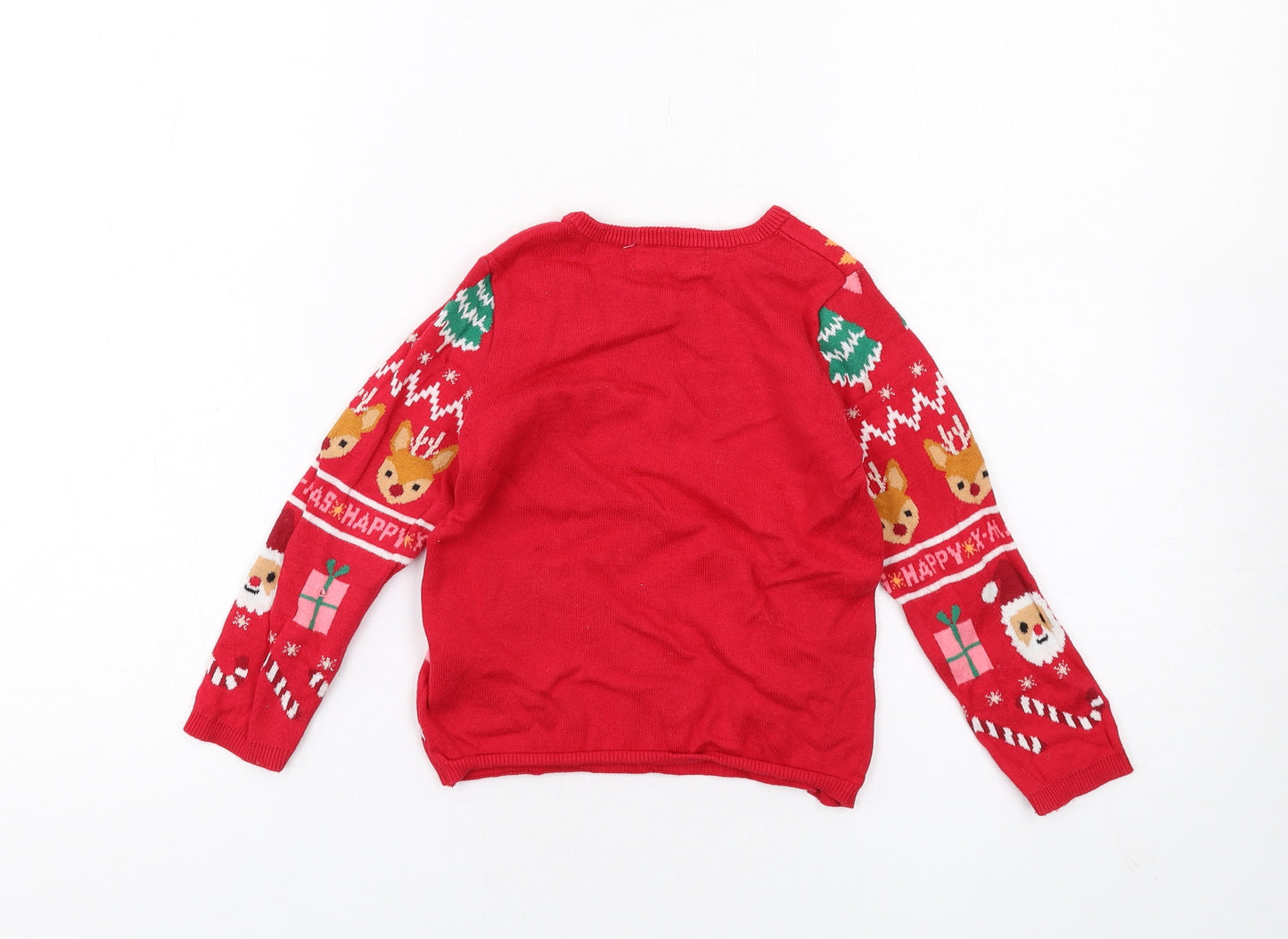 H&M Girls Red Round Neck Geometric Cotton Pullover Jumper Size 3-4 Years Pullover - Christmas Jumper