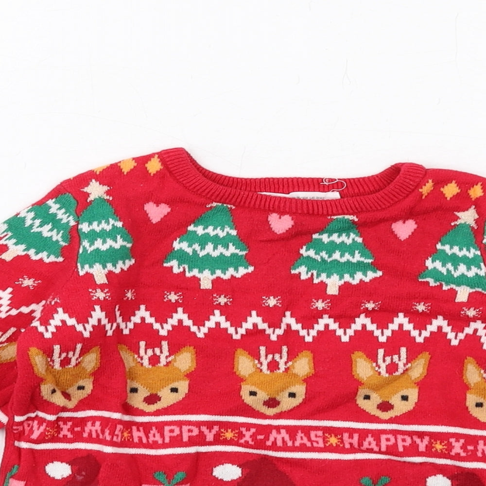 H&M Girls Red Round Neck Geometric Cotton Pullover Jumper Size 3-4 Years Pullover - Christmas Jumper