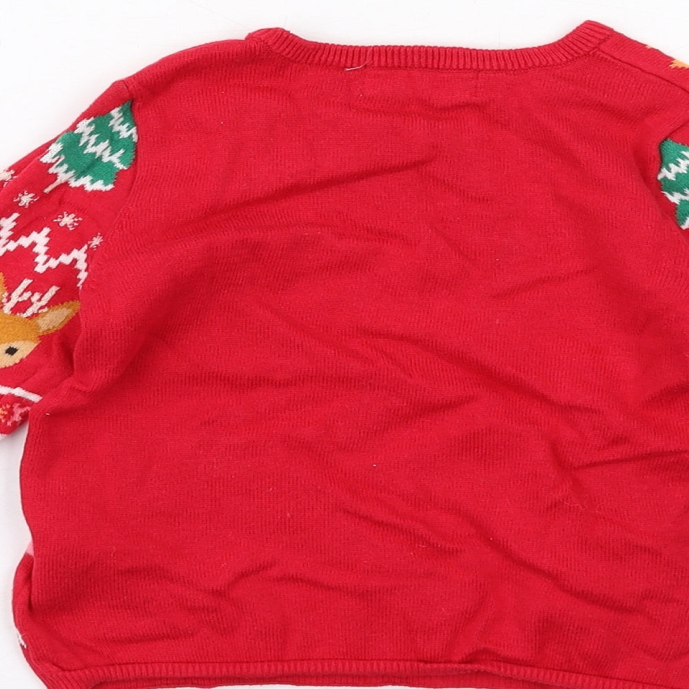 H&M Girls Red Round Neck Geometric Cotton Pullover Jumper Size 3-4 Years Pullover - Christmas Jumper