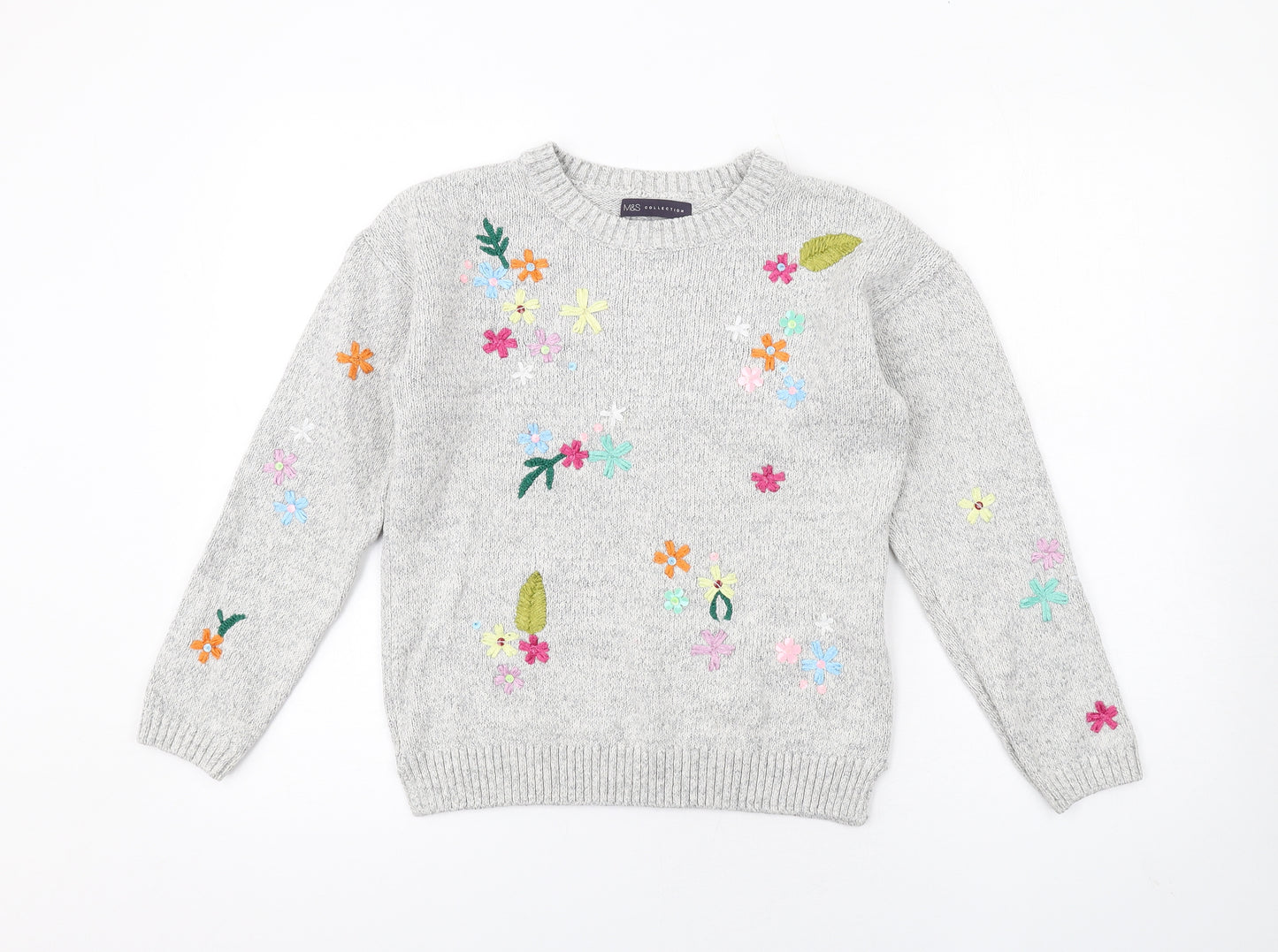 Marks and Spencer Womens Grey Crew Neck Floral Cotton Pullover Jumper Size 10 - Embroidered