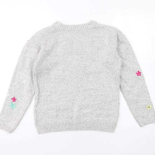 Marks and Spencer Womens Grey Crew Neck Floral Cotton Pullover Jumper Size 10 - Embroidered