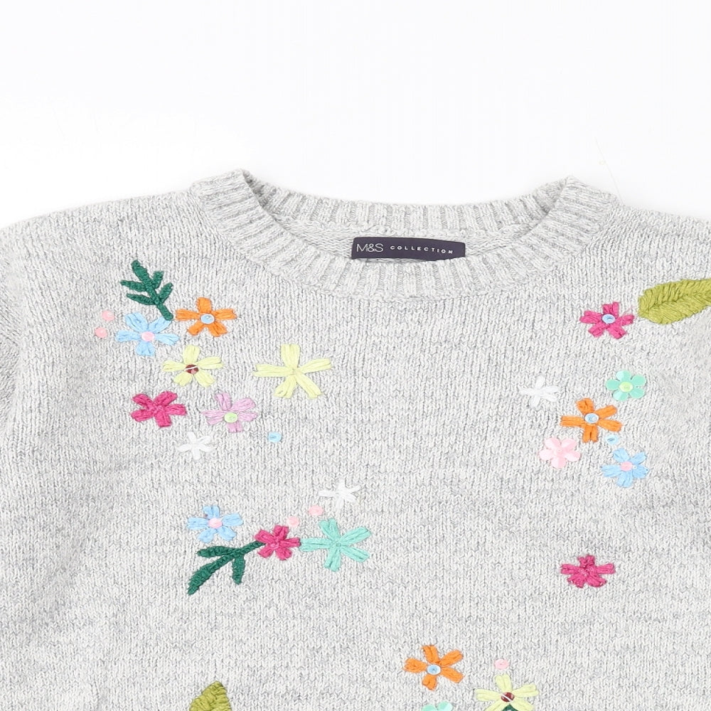 Marks and Spencer Womens Grey Crew Neck Floral Cotton Pullover Jumper Size 10 - Embroidered