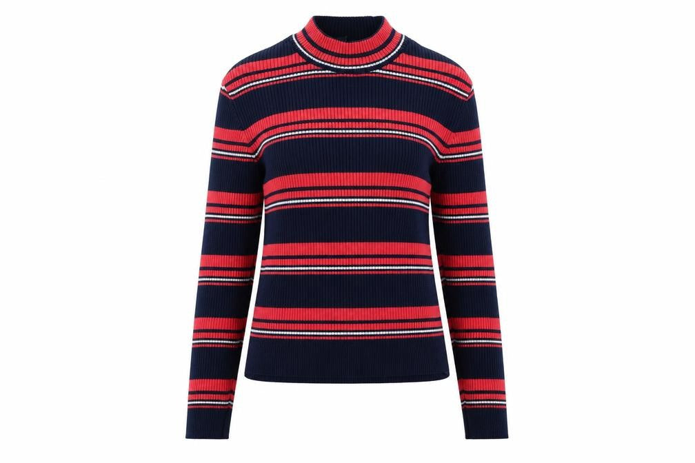 Front view of H&M women’s multicoloured mock neck striped viscose jumper, size M, - ribbed