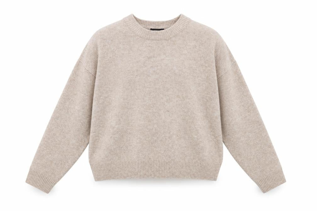 Front view of New Look women’s beige crew neck acrylic jumper, size M