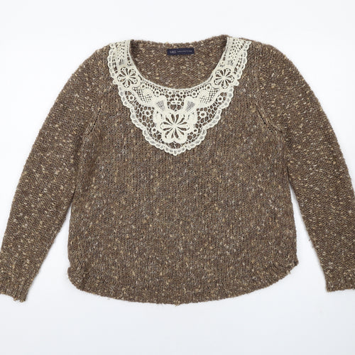 Marks and Spencer Womens Brown Boat Neck Acrylic Pullover Jumper Size 12 - Crocheted Lace Detail