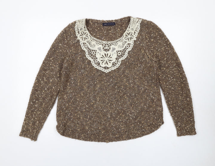 Marks and Spencer Womens Brown Boat Neck Acrylic Pullover Jumper Size 12 - Crocheted Lace Detail