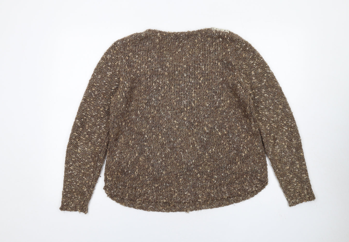 Marks and Spencer Womens Brown Boat Neck Acrylic Pullover Jumper Size 12 - Crocheted Lace Detail