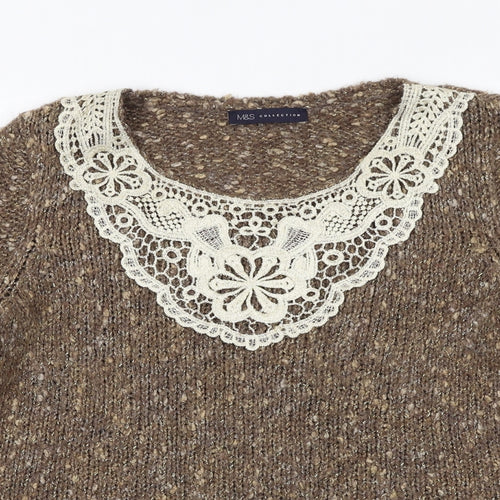 Marks and Spencer Womens Brown Boat Neck Acrylic Pullover Jumper Size 12 - Crocheted Lace Detail
