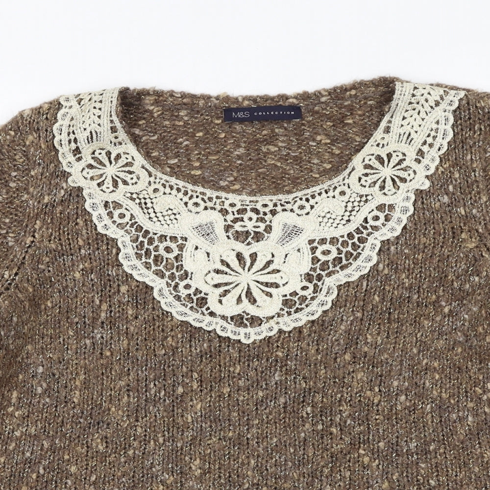 Marks and Spencer Womens Brown Boat Neck Acrylic Pullover Jumper Size 12 - Crocheted Lace Detail