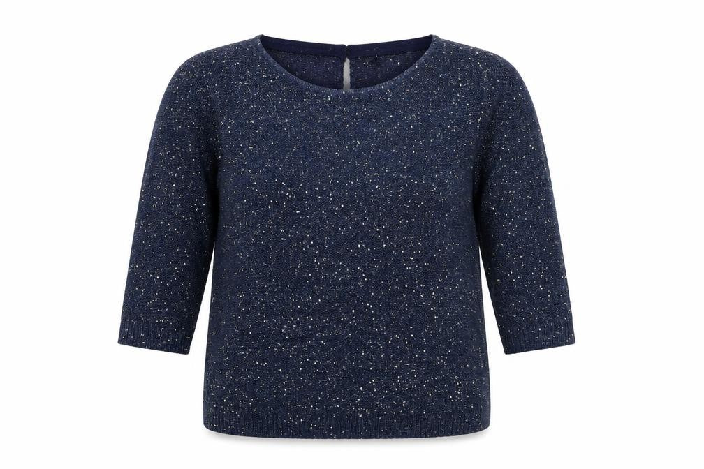 Front view of Monsoon women’s blue boat neck polyester jumper, size M, - glitter