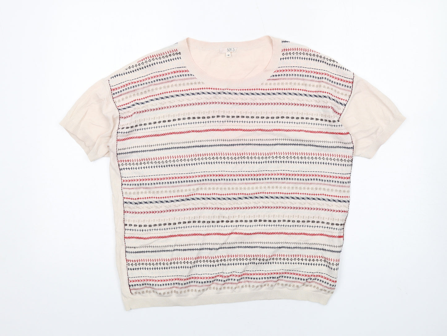 NW.3 Womens Beige Round Neck Geometric Cotton Pullover Jumper Size 12 - Embroidered
