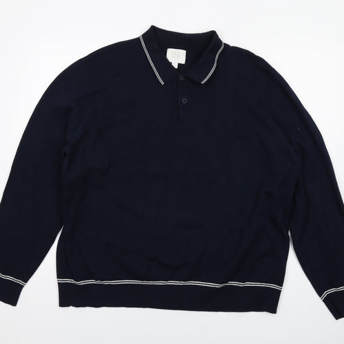 Marks and Spencer Mens Blue Cotton Polo Size 2XL Collared Button - Contrasting Trim