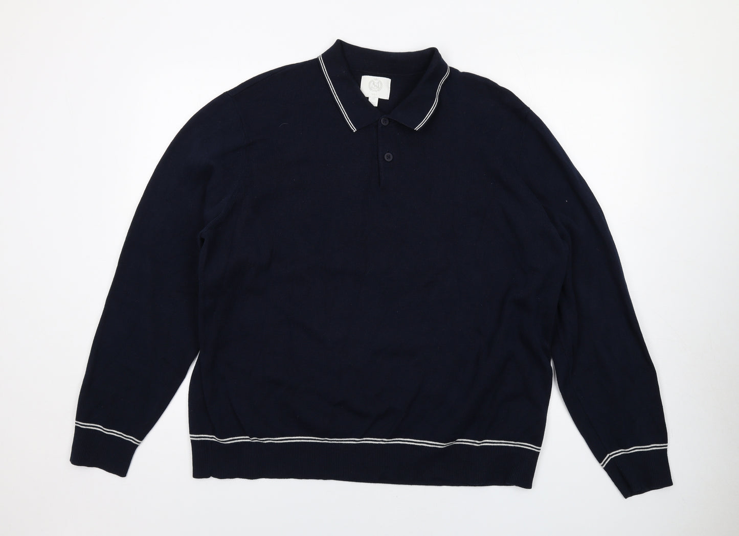 Marks and Spencer Mens Blue Cotton Polo Size 2XL Collared Button - Contrasting Trim