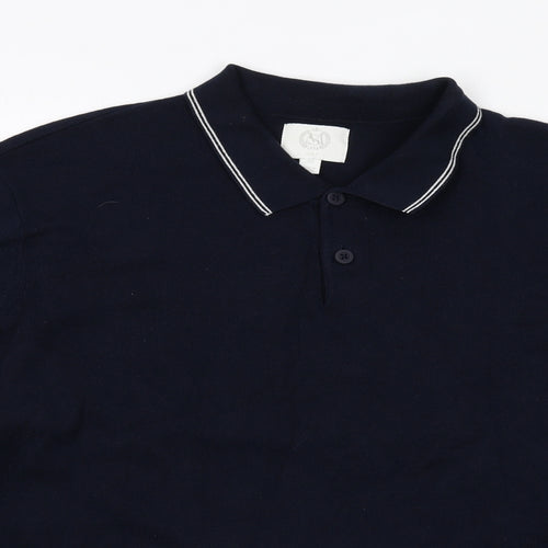 Marks and Spencer Mens Blue Cotton Polo Size 2XL Collared Button - Contrasting Trim