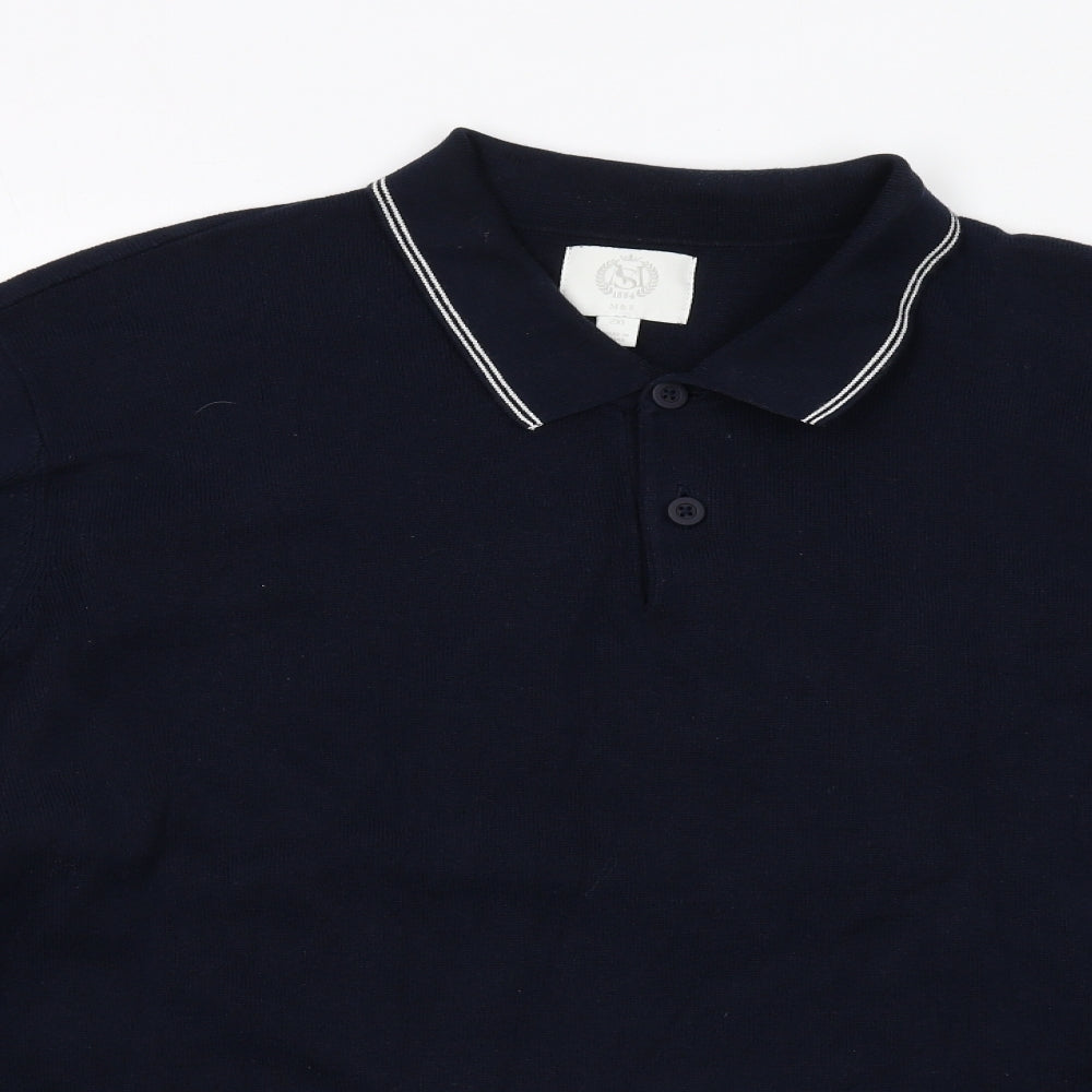 Marks and Spencer Mens Blue Cotton Polo Size 2XL Collared Button - Contrasting Trim