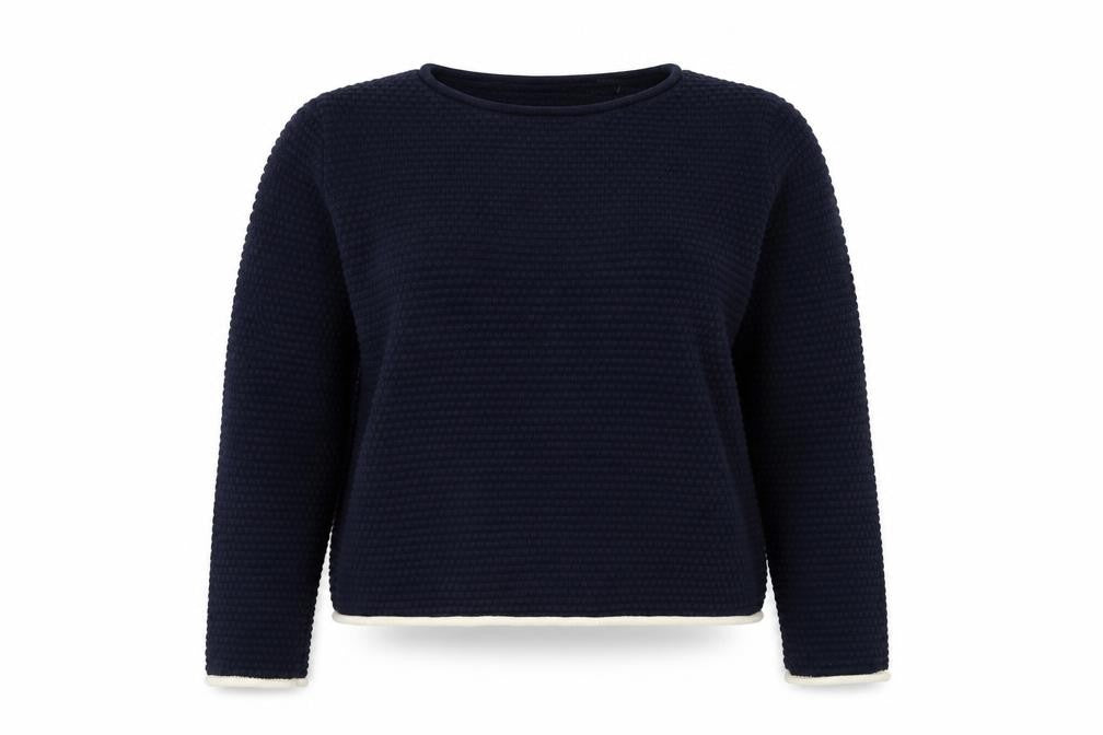 Front view of Marks & Spencer women’s blue crew neck acrylic jumper, size S, - textured