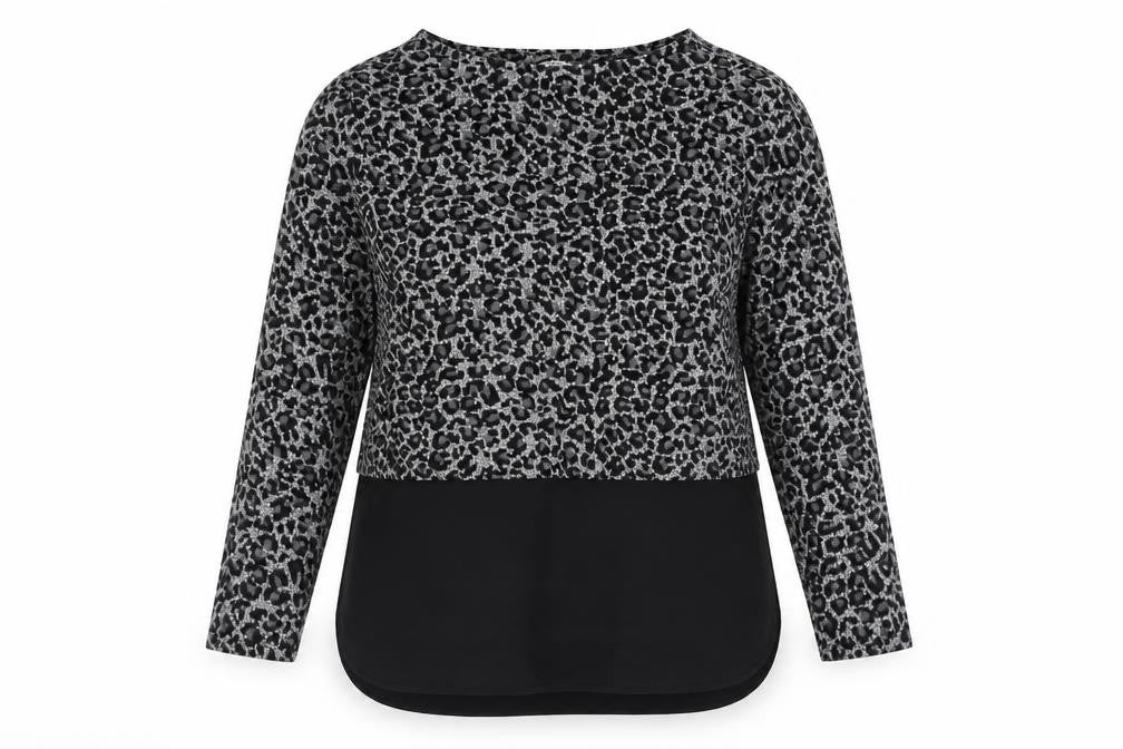 Front view of Oasis women’s multicoloured round neck animal print acrylic jumper, size M, - leopard print