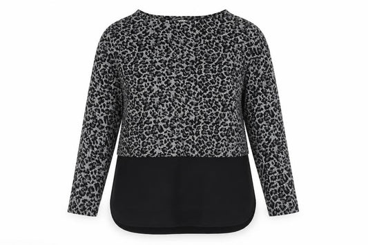 Front view of Oasis women’s multicoloured round neck animal print acrylic jumper, size M, - leopard print