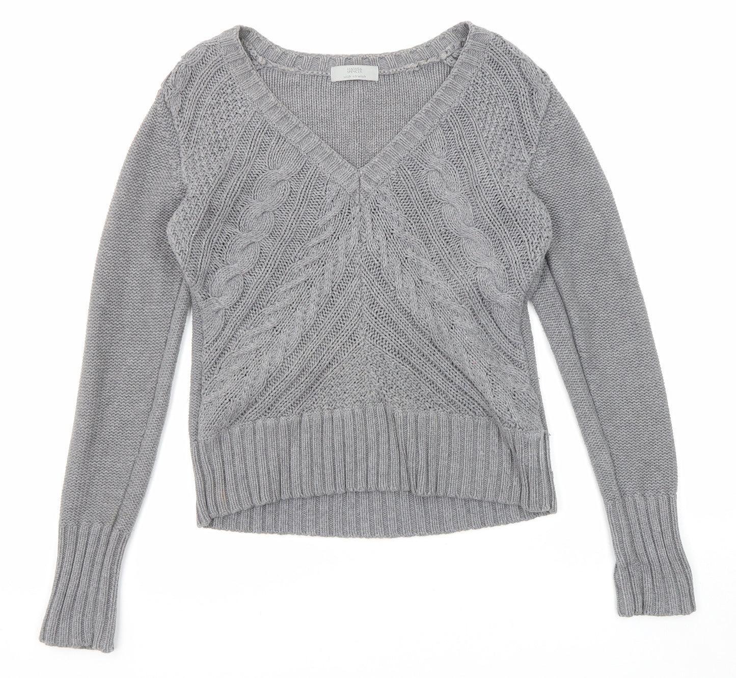 Marks and Spencer Womens Grey V-Neck Cotton Pullover Jumper Size 14