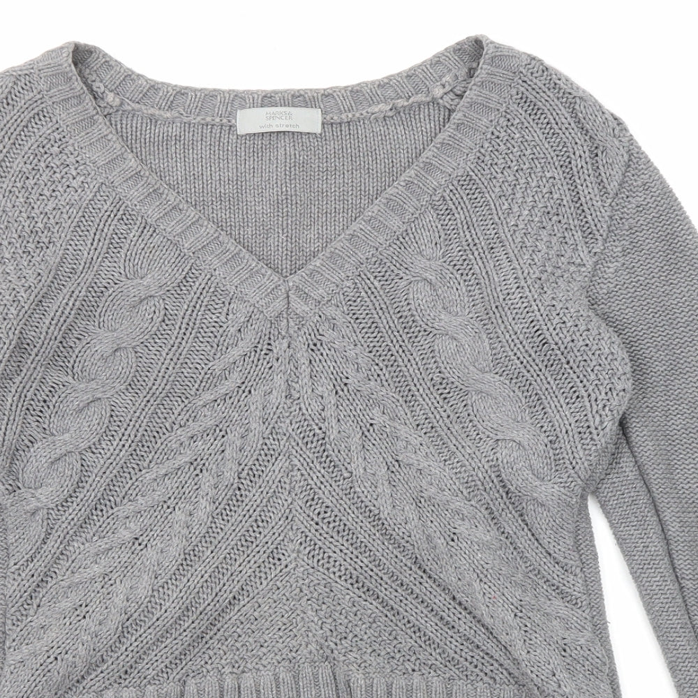 Marks and Spencer Womens Grey V-Neck Cotton Pullover Jumper Size 14