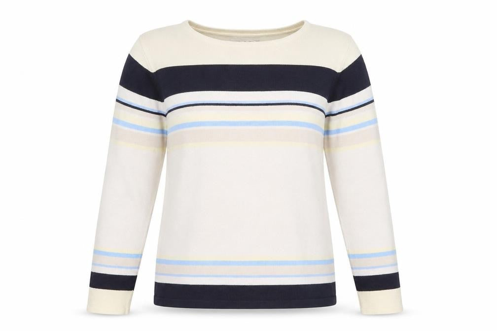 Front view of Berkertex women’s multicoloured round neck striped acrylic jumper, size UK 10, -, size UK 10-12