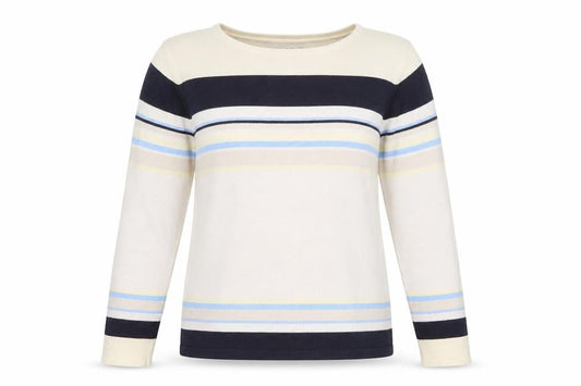 Front view of Berkertex women’s multicoloured round neck striped acrylic jumper, size UK 10, -, size UK 10-12