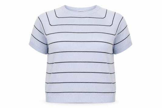 Front view of Berkertex women’s blue round neck striped cotton jumper, size UK 18, -, size UK 18-20