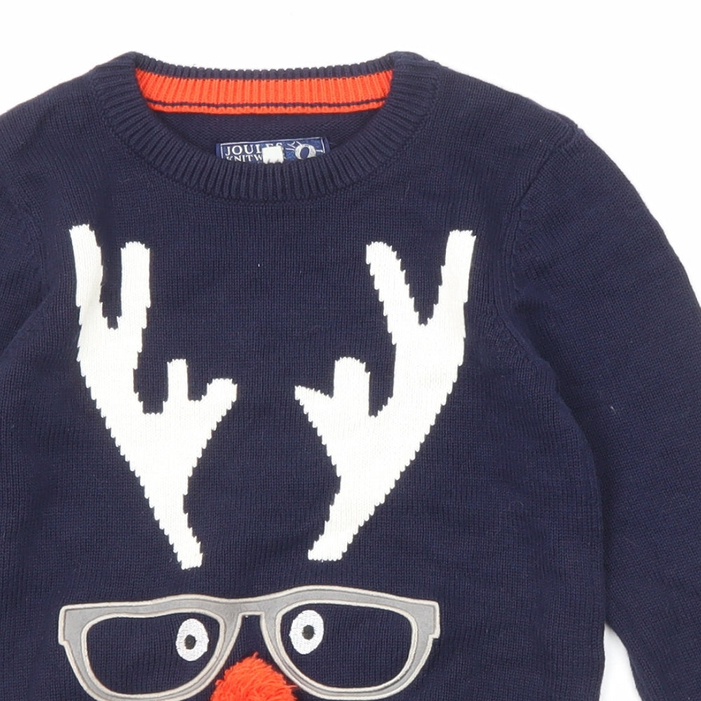 Joules Boys Blue Crew Neck Cotton Pullover Jumper Size 7-8 Years Pullover - Christmas Reindeer