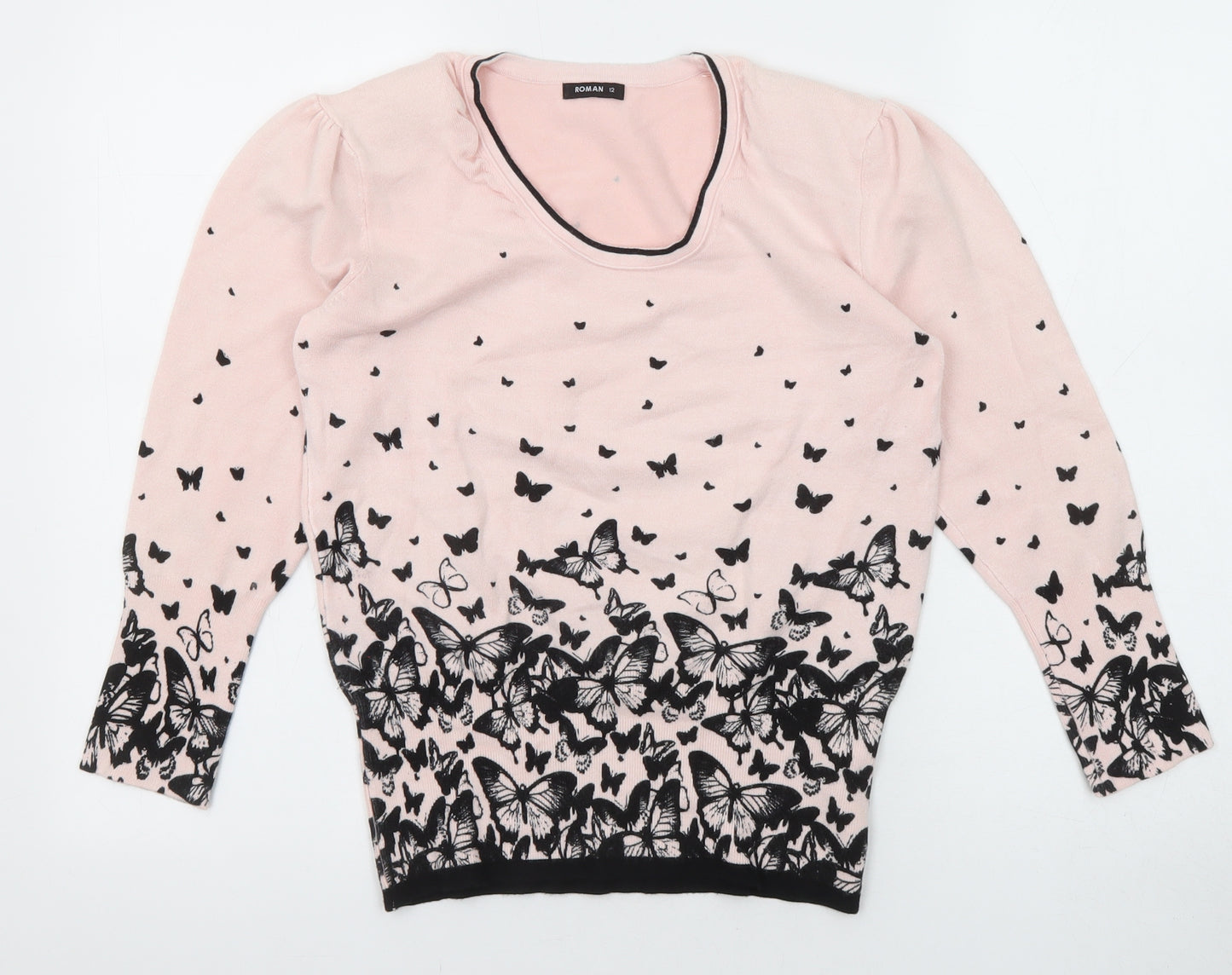 Roman Womens Pink Round Neck Geometric Viscose Pullover Jumper Size 12 - Butterfly
