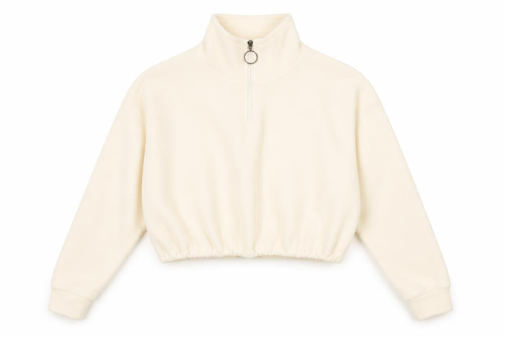 Front view of Brave Soul women’s ivory polyester pullover sweatshirt, size XS, zip - quarter-zip