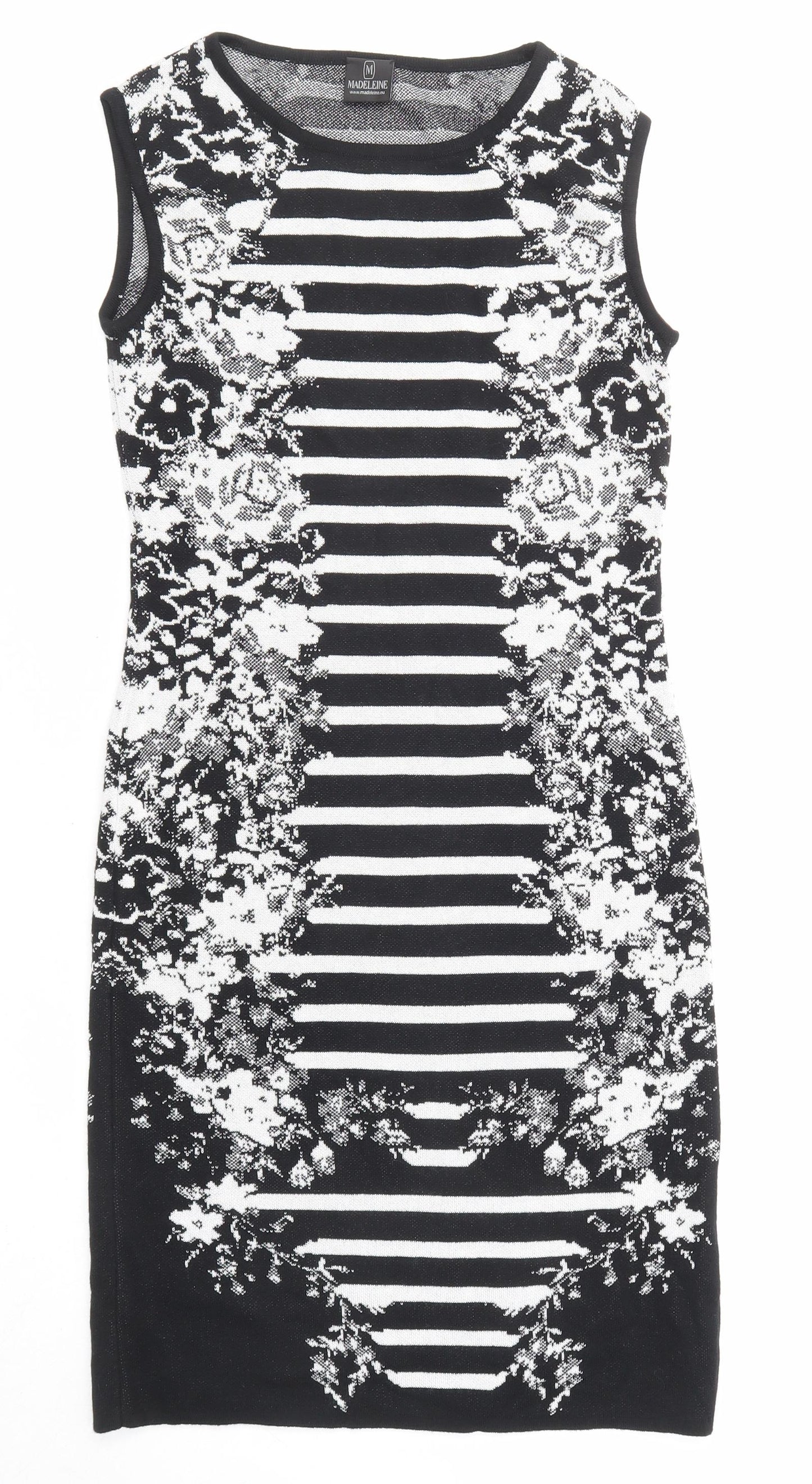 Madeleine Womens Black Geometric Cotton Shift Size 8 Round Neck Pullover