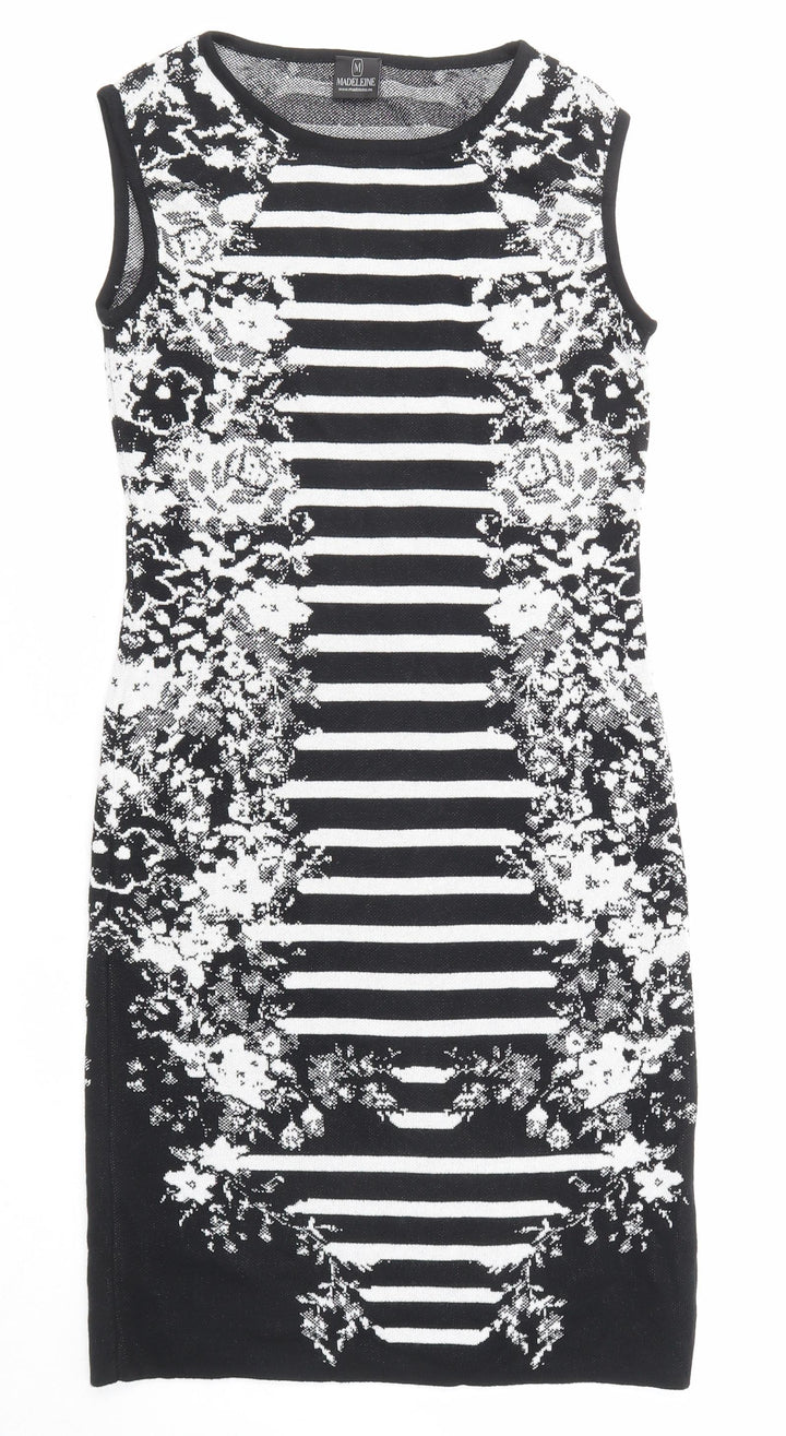 Madeleine Womens Black Geometric Cotton Shift Size 8 Round Neck Pullover
