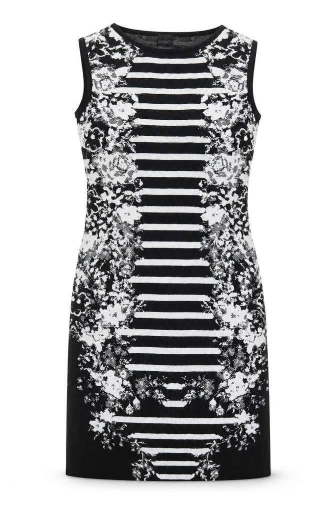 Front view of Madeleine women’s black geometric cotton shift, size UK 8, round neck pullover