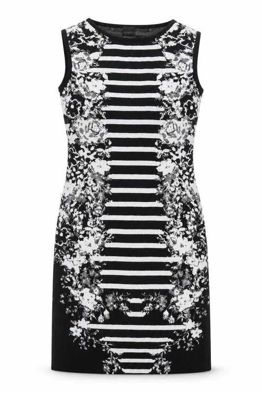 Front view of Madeleine women’s black geometric cotton shift, size UK 8, round neck pullover
