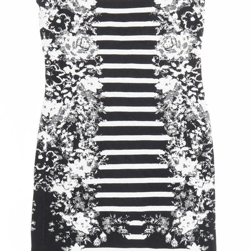 Madeleine Womens Black Geometric Cotton Shift Size 8 Round Neck Pullover