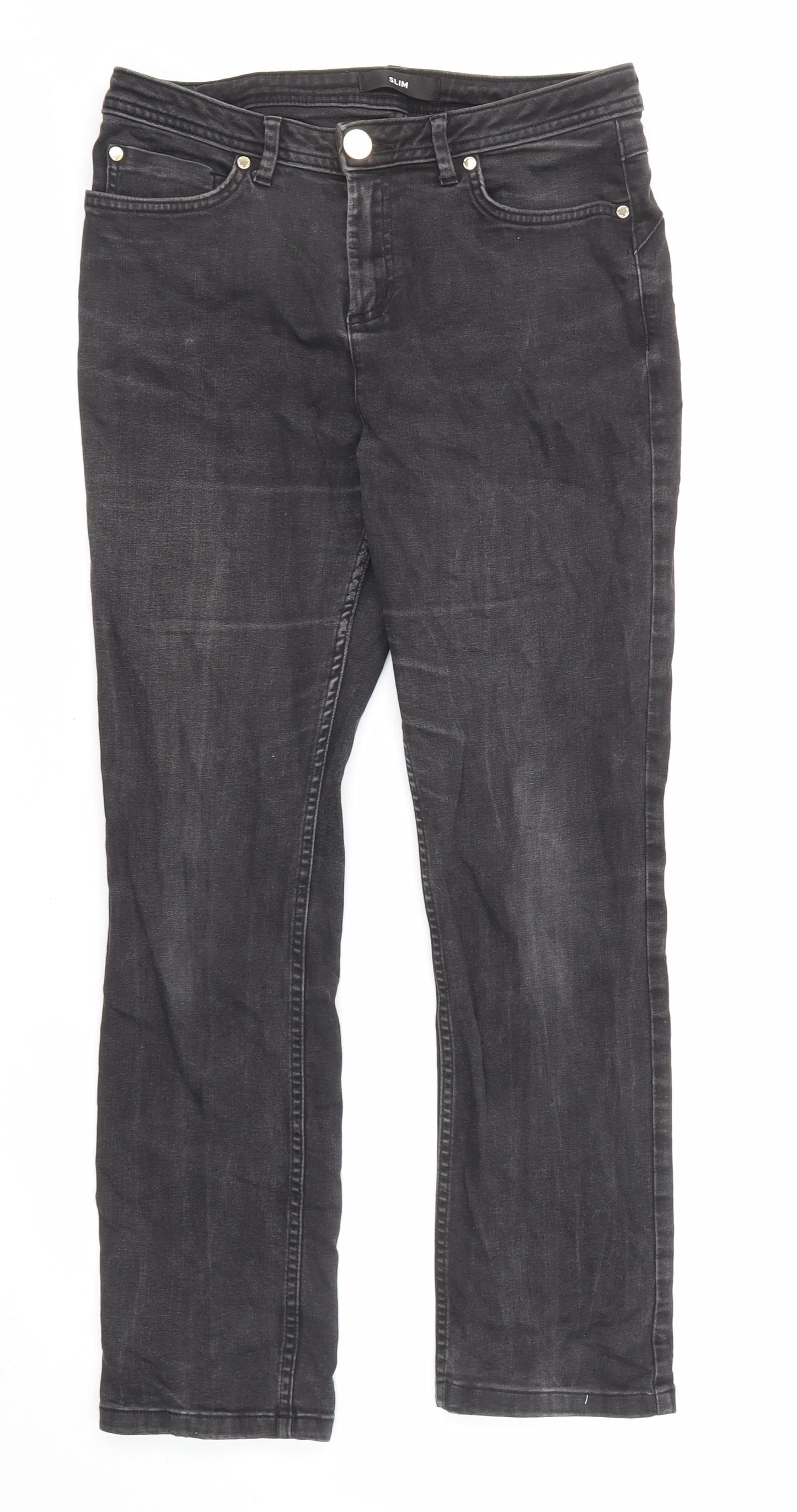 Marks and Spencer Womens Black Cotton Straight Jeans Size 12 L27 in Slim Zip