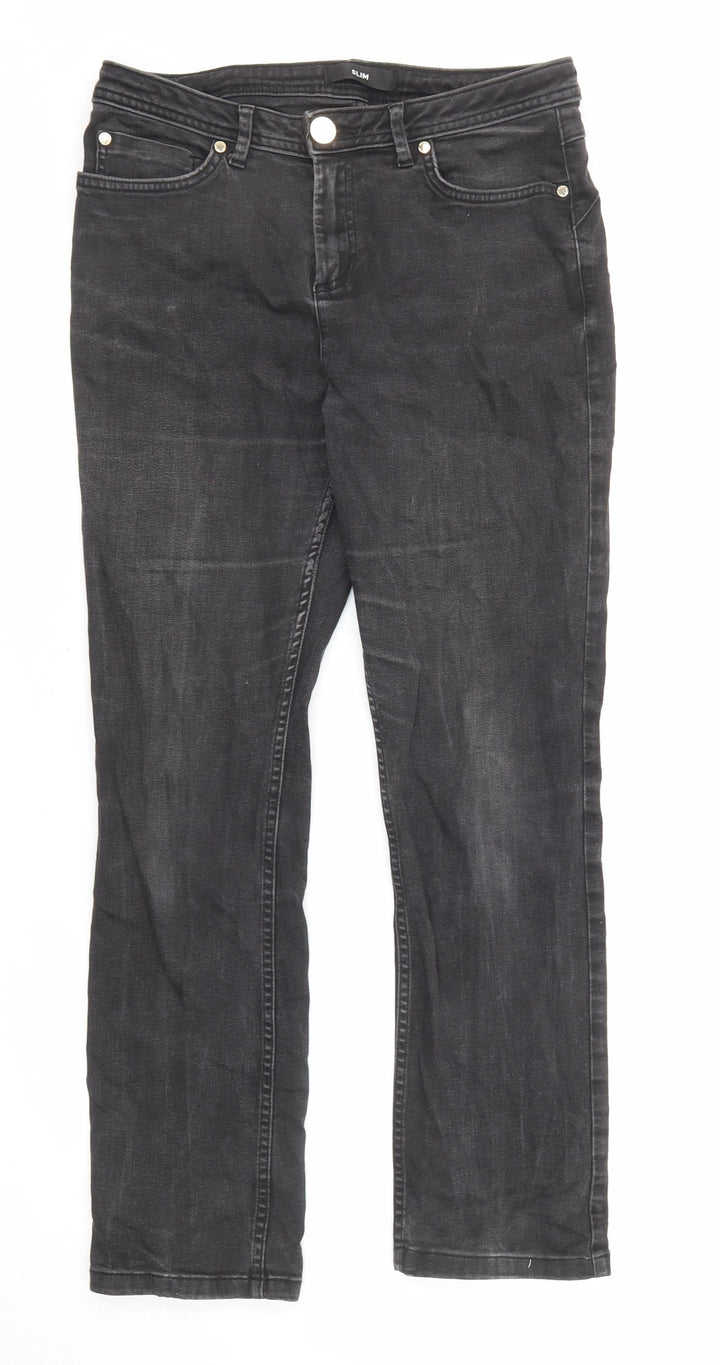 Marks and Spencer Womens Black Cotton Straight Jeans Size 12 L27 in Slim Zip