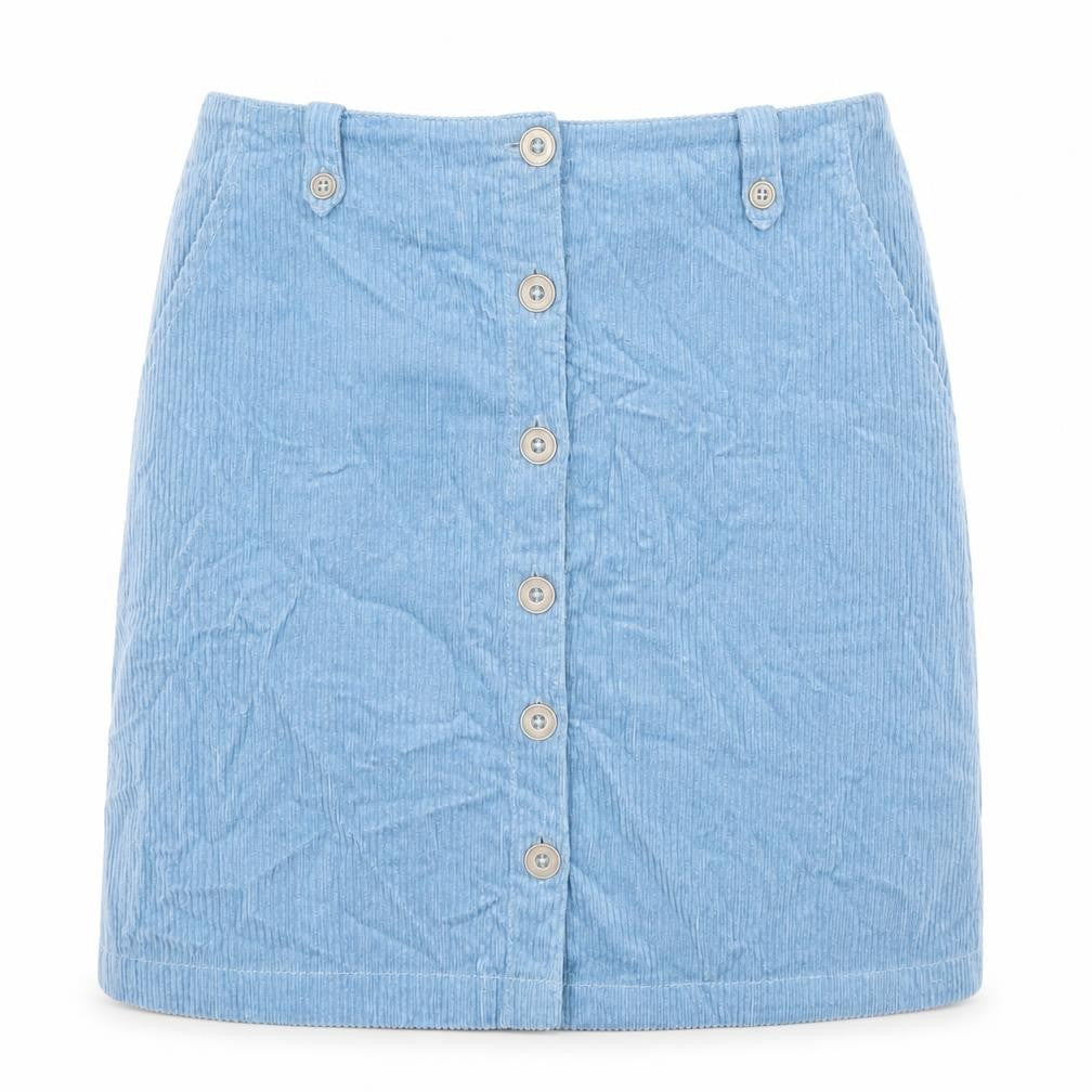 Front view of Monsoon women’s blue cotton a-line skirt, size UK 12, button