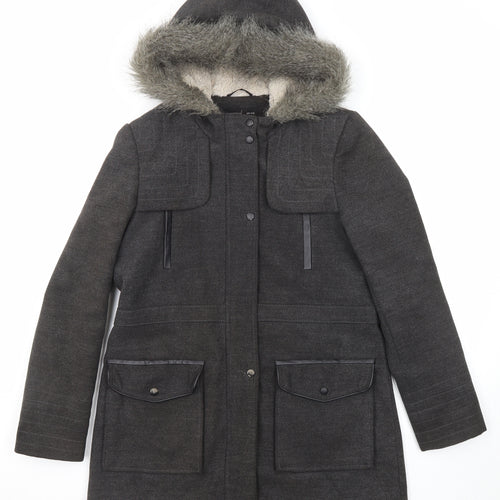 Dorothy Perkins Womens Grey Parka Coat Size 14 Button - Hooded Faux Fur Trim