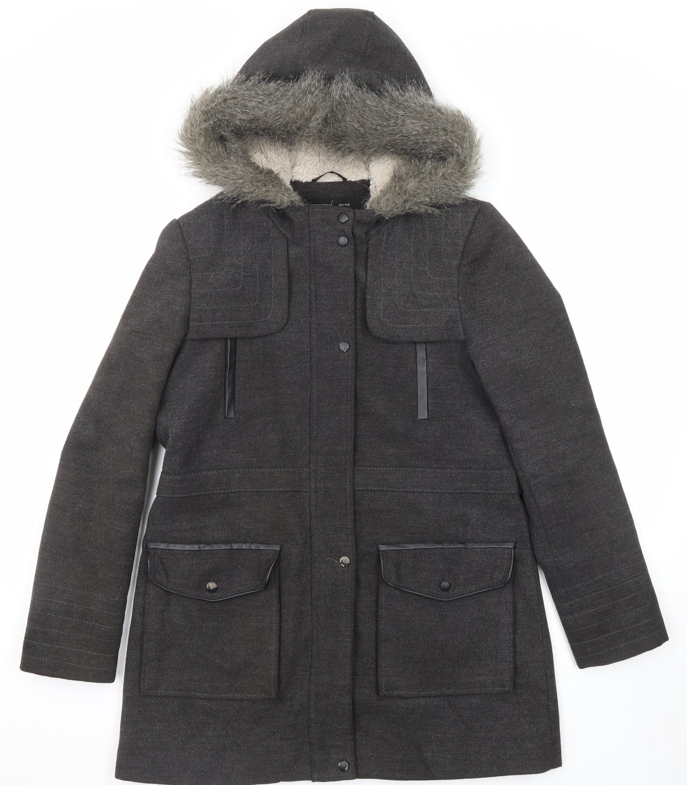 Dorothy Perkins Womens Grey Parka Coat Size 14 Button - Hooded Faux Fur Trim