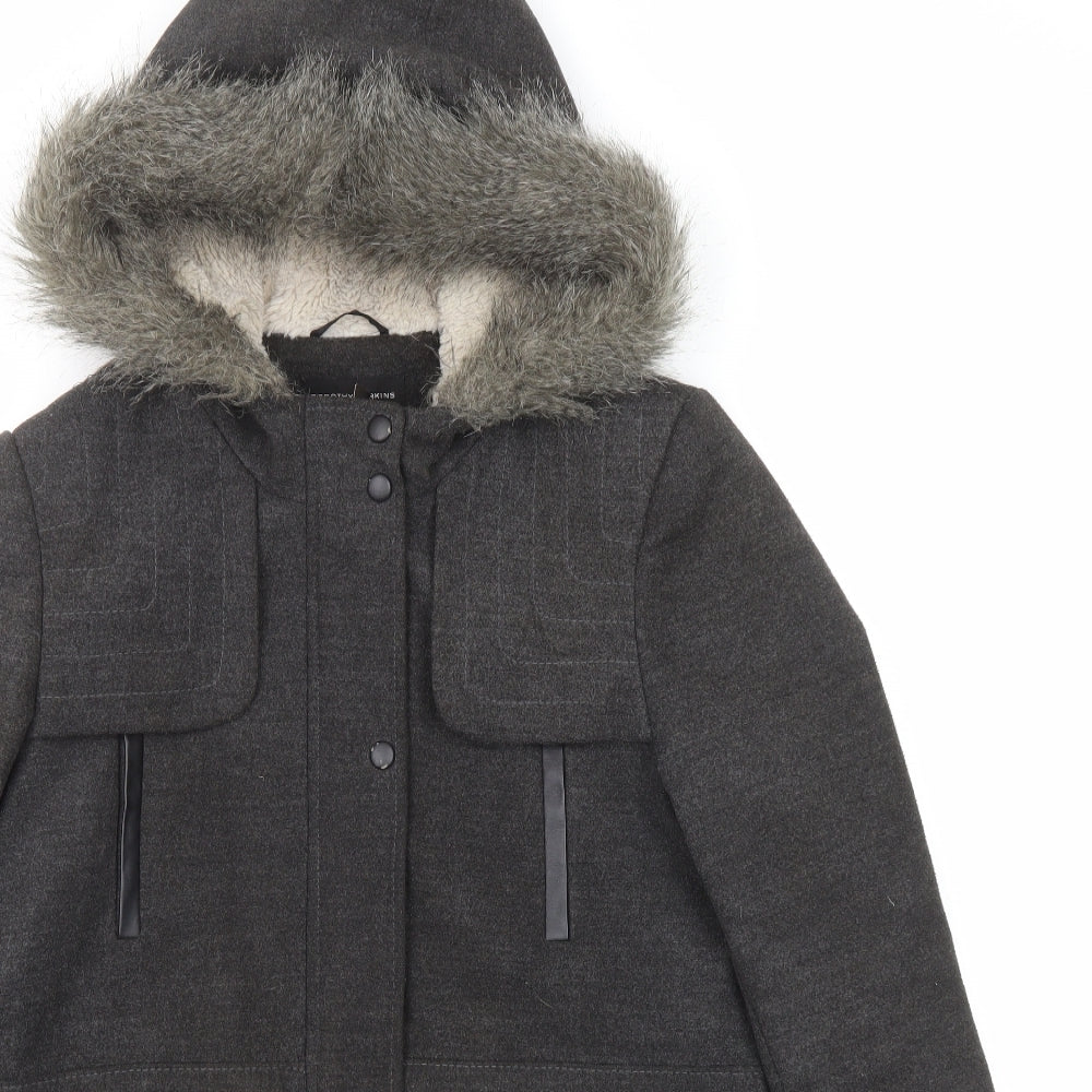 Dorothy Perkins Womens Grey Parka Coat Size 14 Button - Hooded Faux Fur Trim