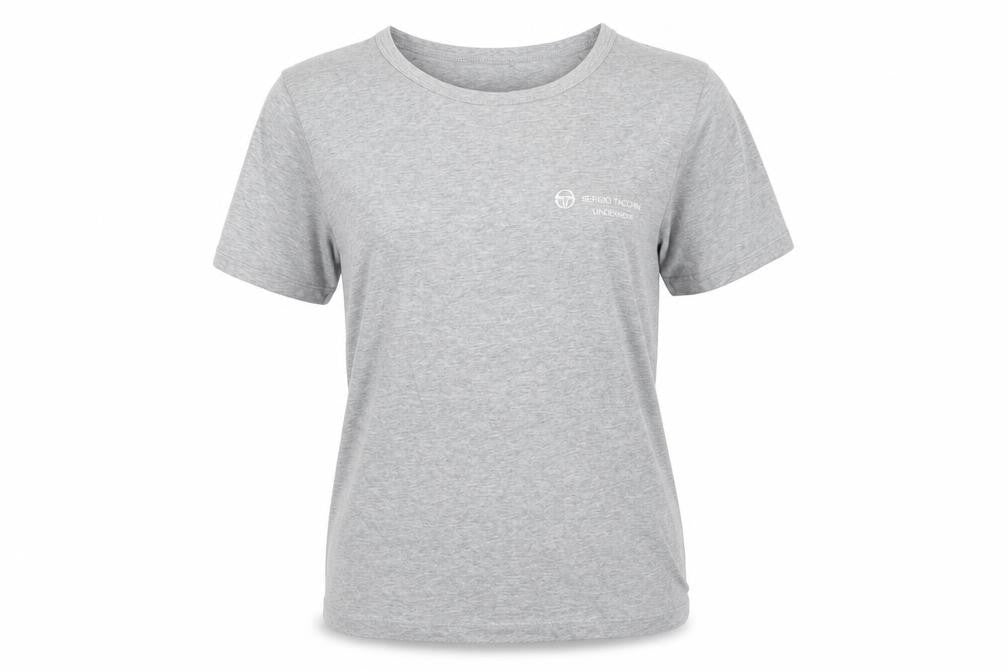 Front view of Sergio Tacchini women’s grey cotton basic t-shirt, size UK 4, round neck