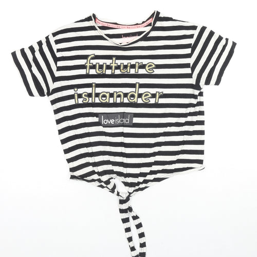 Love Island Womens Black Striped Cotton Basic T-Shirt Size 10 Round Neck - Future Islander