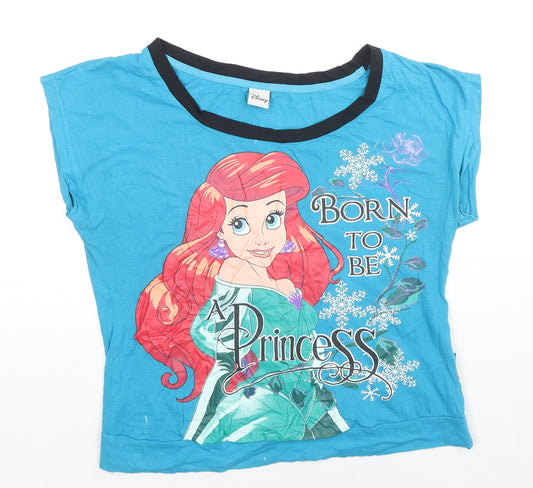 Front view of Disney women’s blue cotton basic t-shirt, size UK 10, round neck - ariel born to be a princes